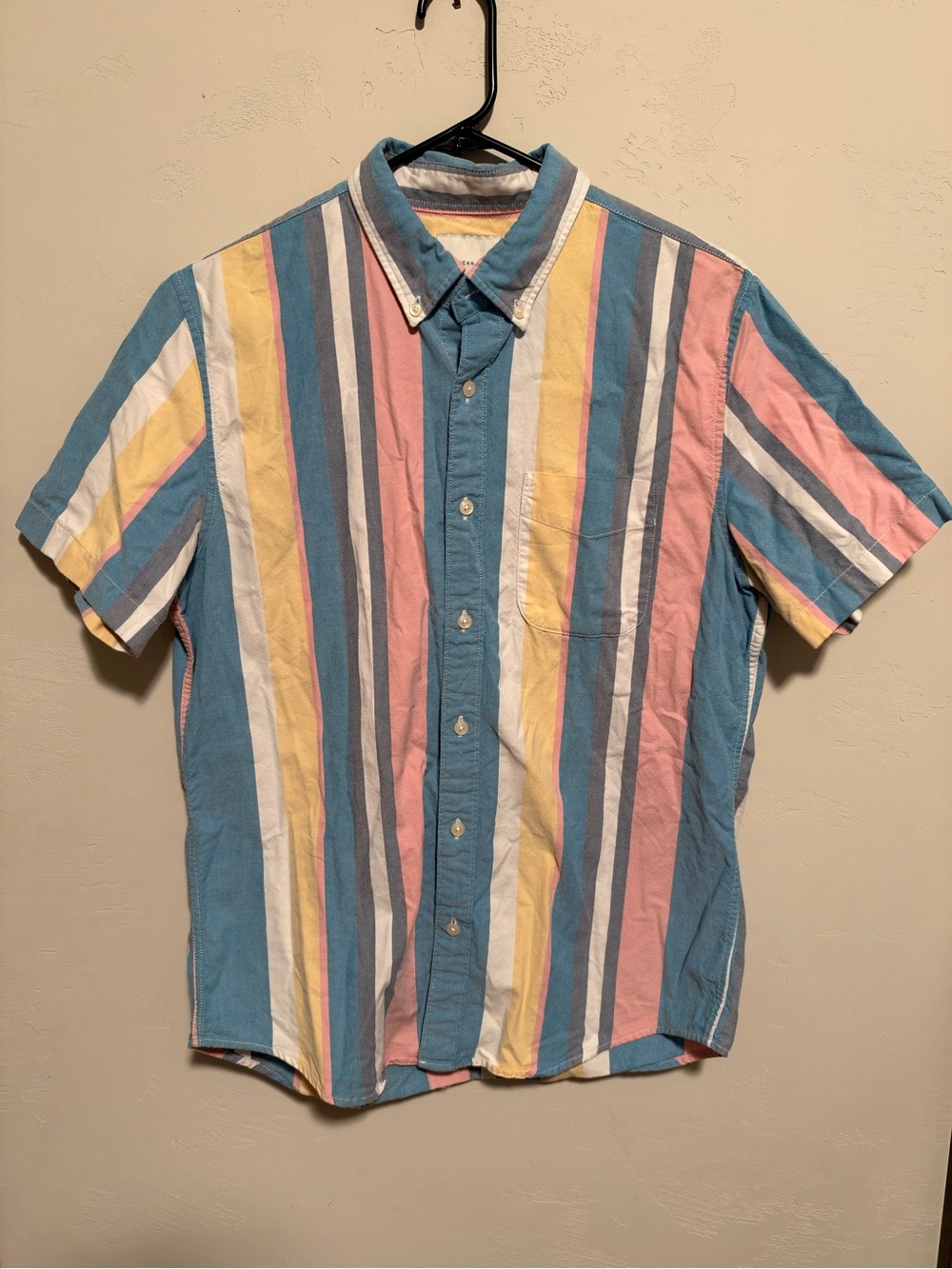Men's American Eagle Short-Sleeve Button-Down Stripe Shirt in Pastel Multi